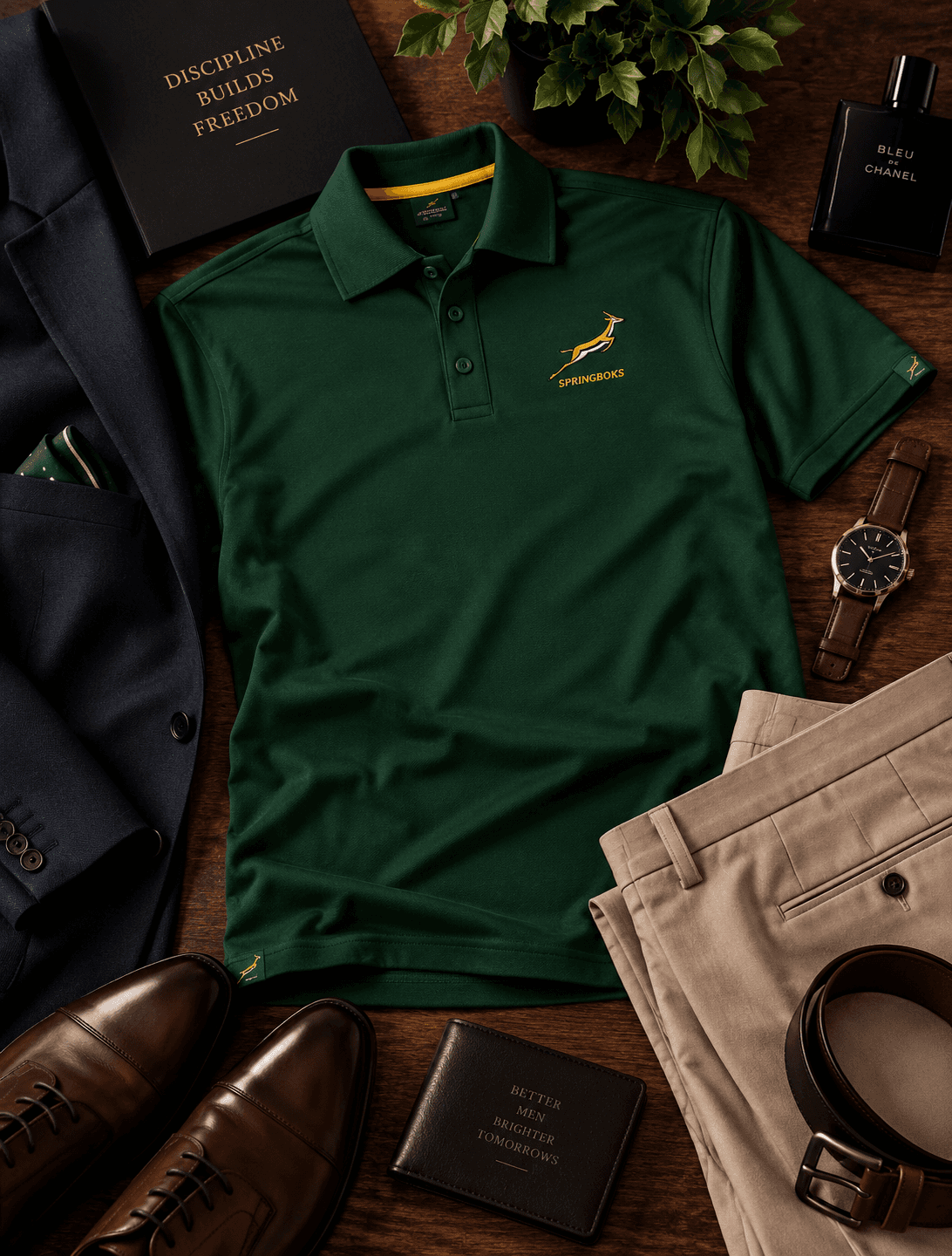 Flatlay of a Springboks polo with a navy blazer, chinos and leather accessories