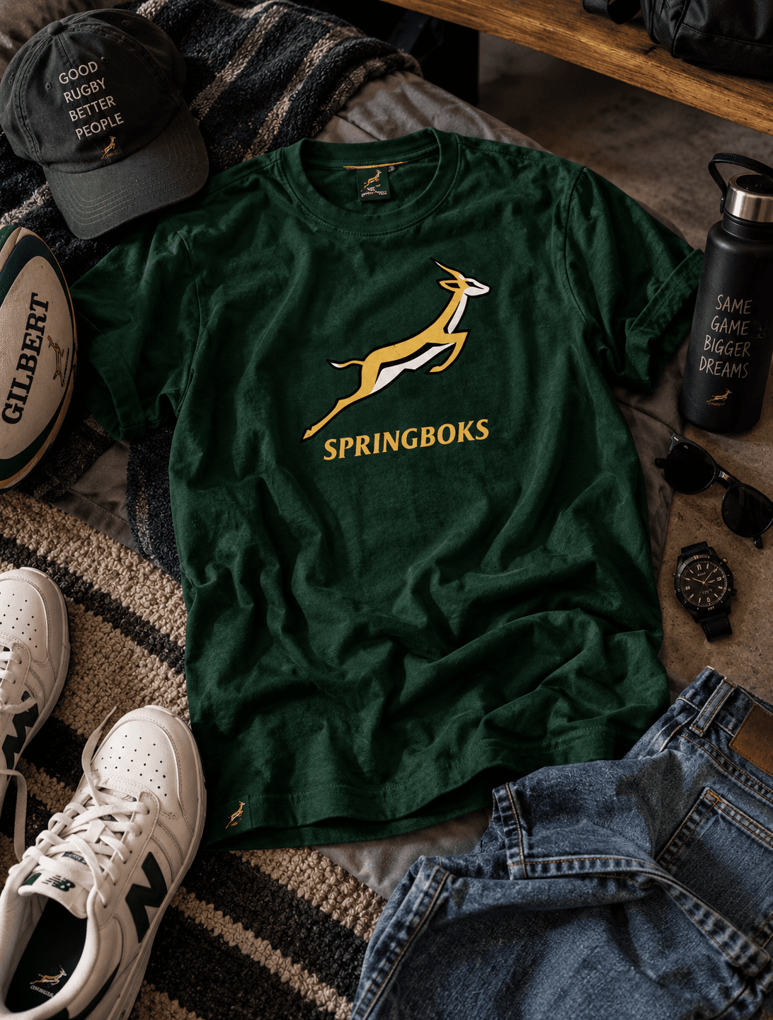 Flatlay of a Springboks logo t-shirt with a Gilbert rugby ball and sneakers