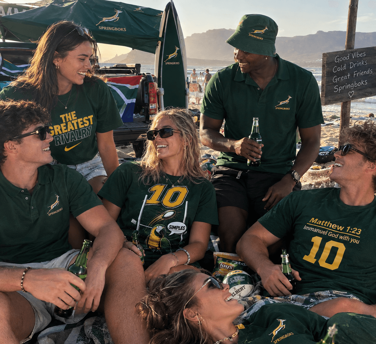 Group of friends in Springbok gear on the beach with a Springboks gazebo