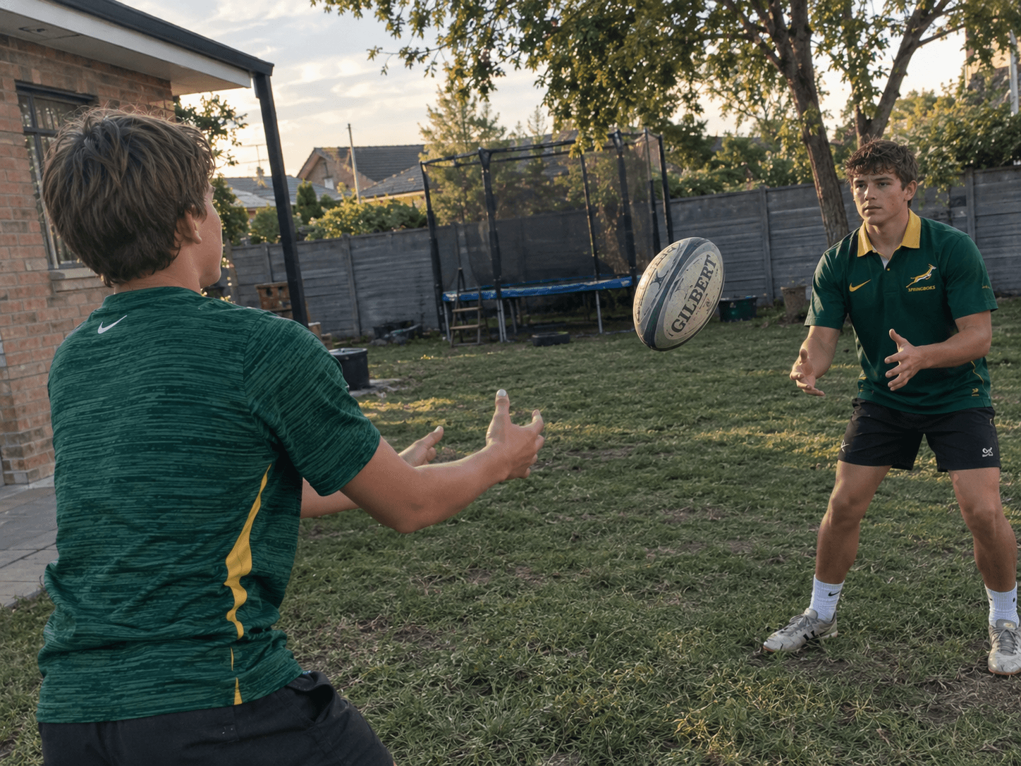 Two boys passing a rugby ball in a garden
